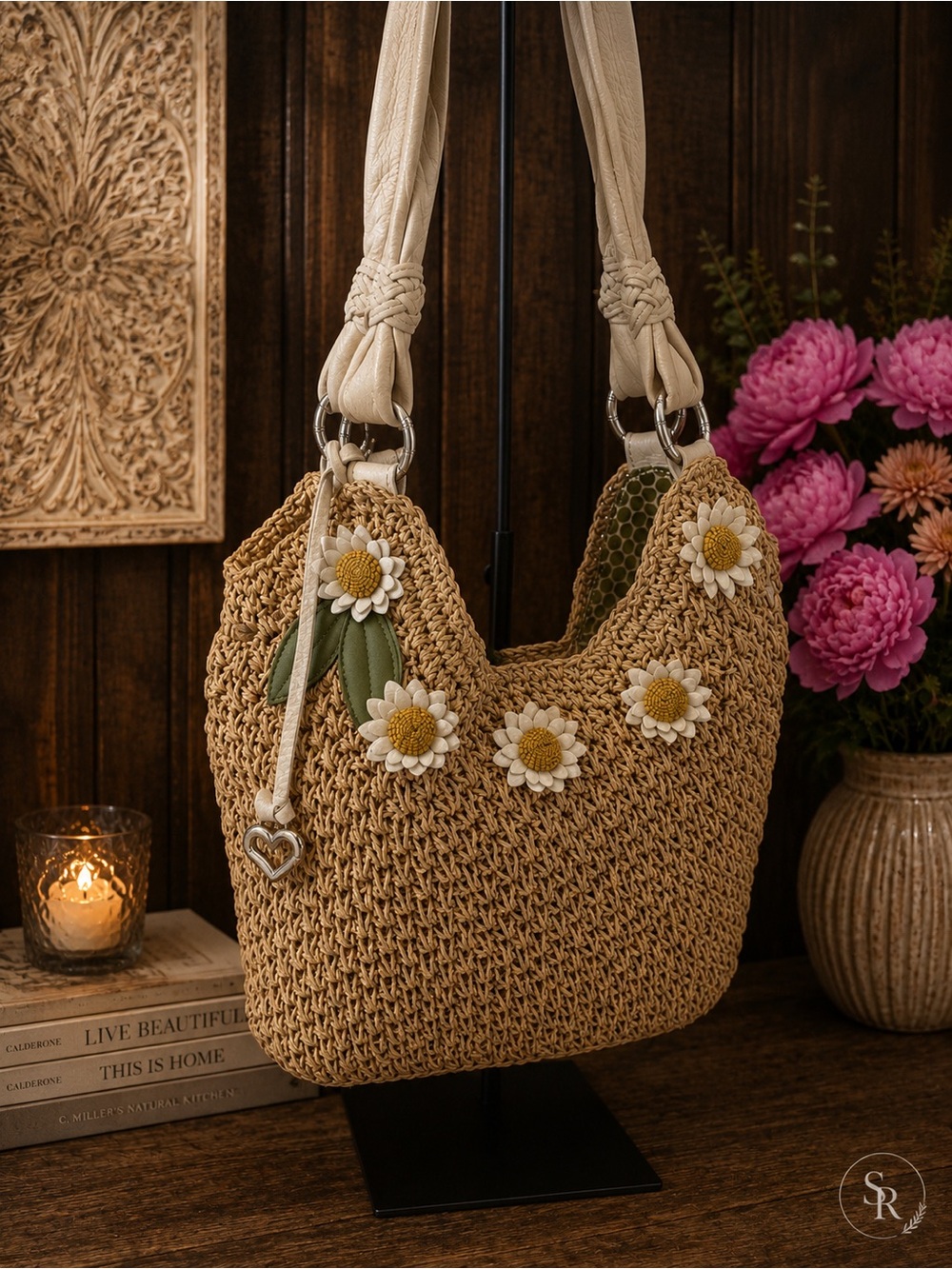 Brighton Madagascar Daisy Raffia Straw Shoulder Bag Purse Floral Details - Picture 4 of 13